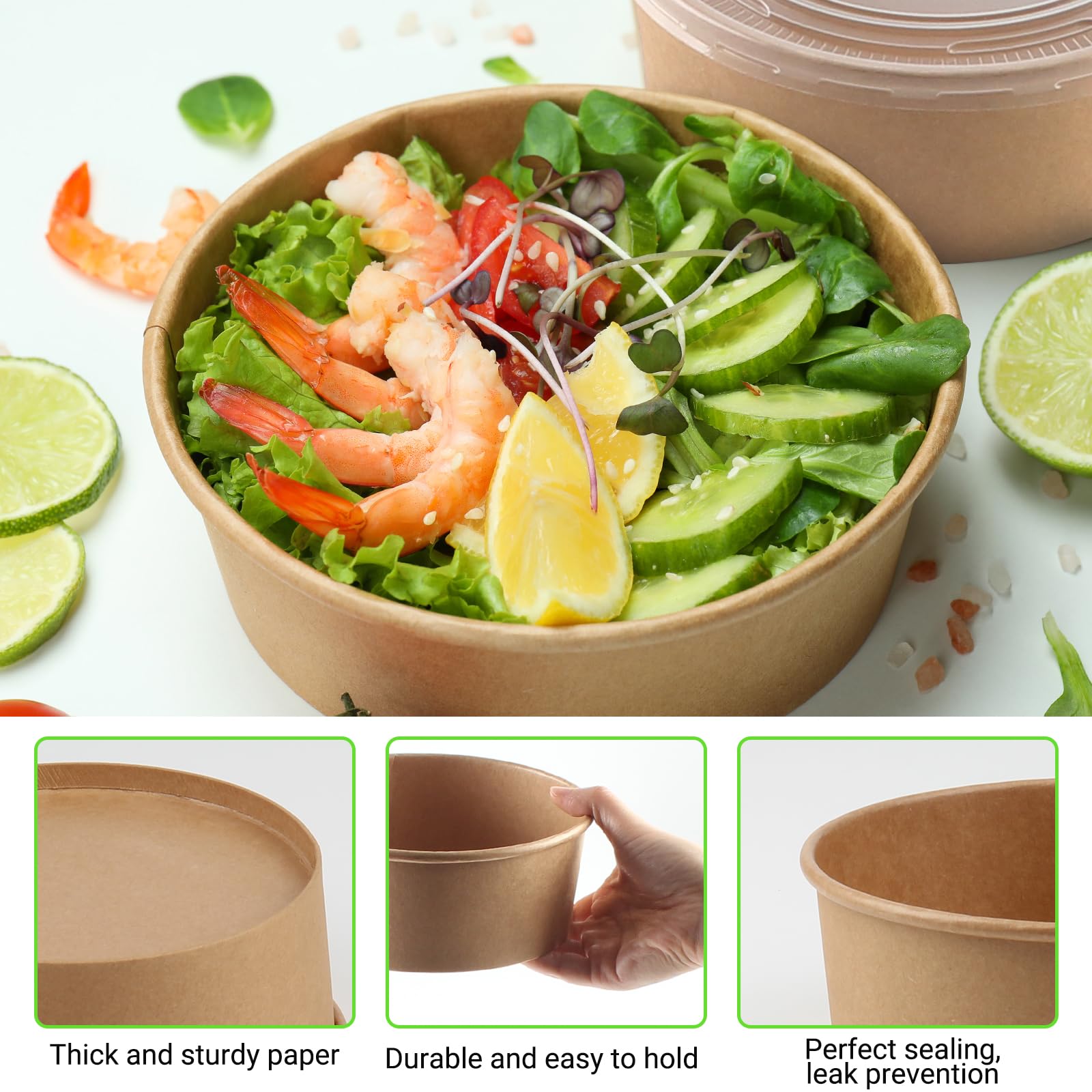 Belinlen 36oz 50 Sets Large Kraft Paper Bowls with Lids  Disposable Bowls with Lids  Paper Salad Bowls  Paper Food Container with Lid Perfect for Hot/Cold Food  Soup  Salad  Ice Cream